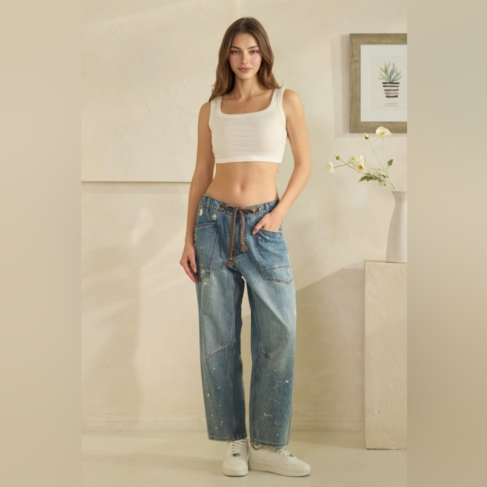 Oli & Hali WASHED PAINT SPLATTERED BARREL JEANS Sm-Xl